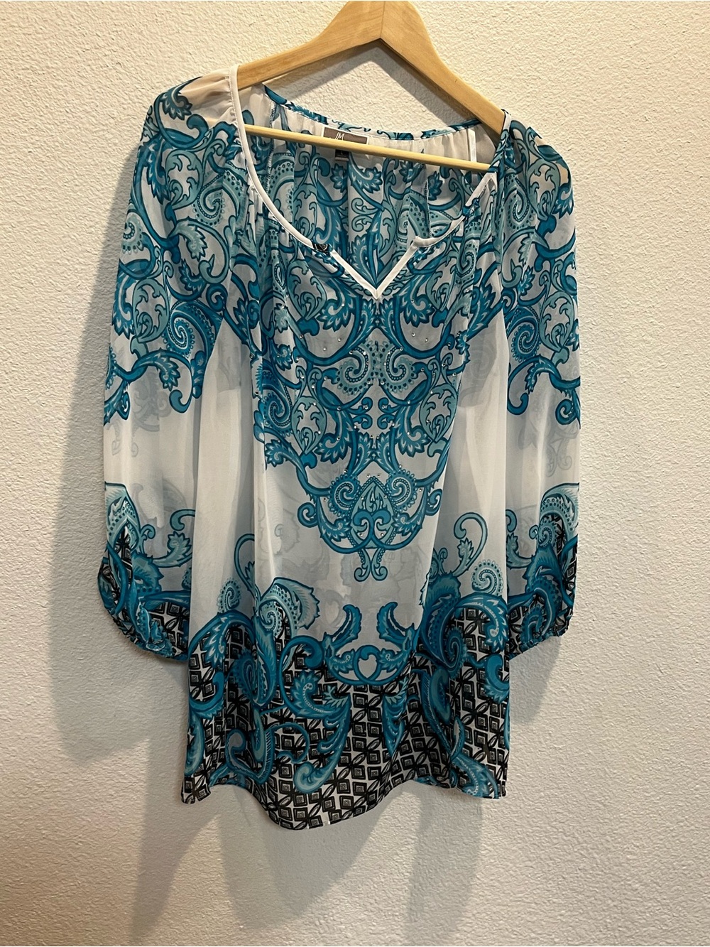 JM Collection Teal and White Paisley Sheer Tunic